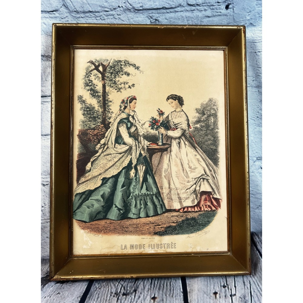 Vintage La Mode Illustree Fashion Print Gold Tone Frame Victorian Ladies Art